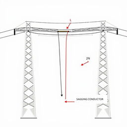 An annotated diagram of a sagging conductor in a transmission line, specifically designed for an academic presentation for a Bachelor of Science in Electrical and Electronics Engineering (EEE)