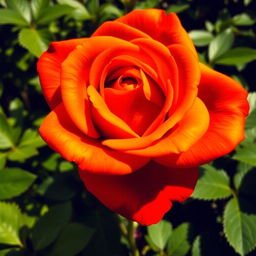 An intense orange rose with deep red undertones, showcasing a rich gradient that highlights its velvety petals