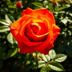 An intense orange rose with deep red undertones, showcasing a rich gradient that highlights its velvety petals