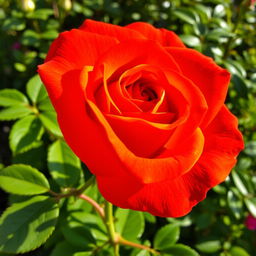 An intense orange rose with deep red undertones, showcasing a rich gradient that highlights its velvety petals