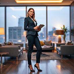 A full-length portrait of Marina Laswick dressed in a fitted three-piece men's business suit, highlighting her legs and thighs after gaining 30 pounds