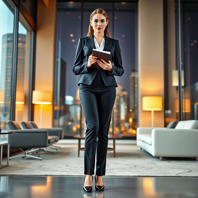 A full-length portrait of Marina Laswick dressed in a fitted three-piece men's business suit, highlighting her legs and thighs after gaining 30 pounds