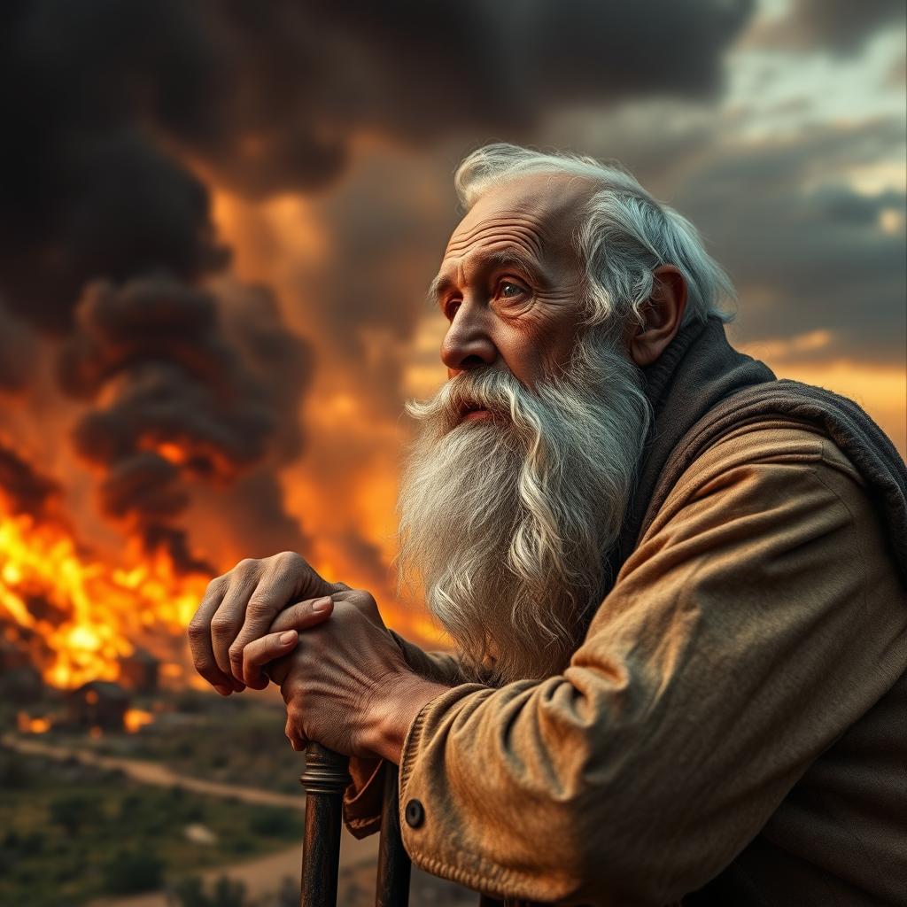 An elderly man with a beautiful, white beard, leaning on his cane while gazing at his village engulfed in flames and destruction