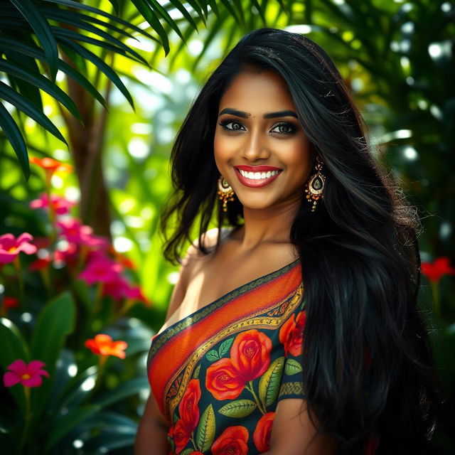 A beautiful Sri Lankan woman in a serene setting, showcasing her natural beauty and confidence