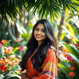 A beautiful Sri Lankan woman in a serene setting, showcasing her natural beauty and confidence