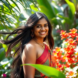 A beautiful Sri Lankan woman in a serene setting, showcasing her natural beauty and confidence