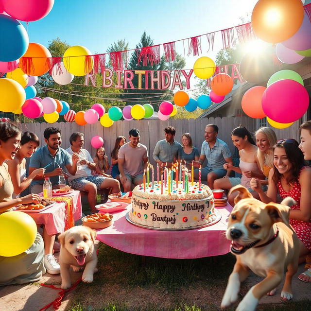 A vibrant birthday party scene with colorful balloons, a large decorated cake with lit candles, and joyful guests celebrating