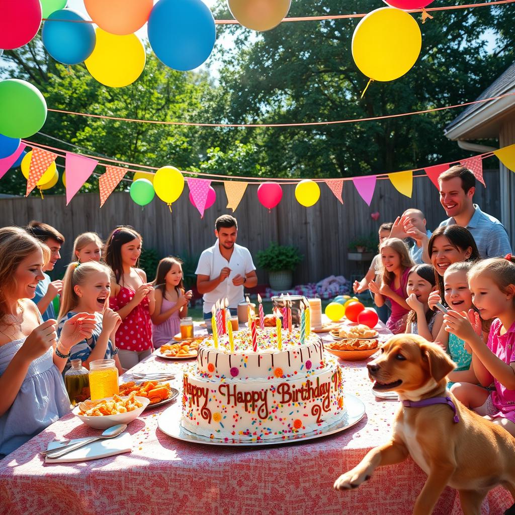 A vibrant birthday party scene with colorful balloons, a large decorated cake with lit candles, and joyful guests celebrating