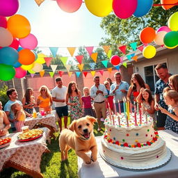 A vibrant birthday party scene with colorful balloons, a large decorated cake with lit candles, and joyful guests celebrating