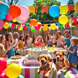 A vibrant birthday party scene with colorful balloons, a large decorated cake with lit candles, and joyful guests celebrating