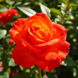 A stunning orange rose with intense, vibrant petals highlighted by brilliant red undertones, showcasing a rich color gradient that adds depth and dimension