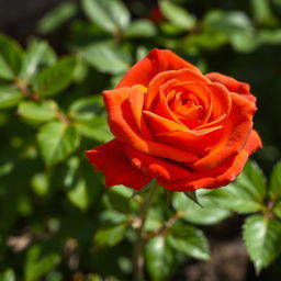 A stunning orange rose with intense, vibrant petals highlighted by brilliant red undertones, showcasing a rich color gradient that adds depth and dimension