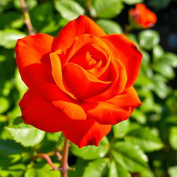 A stunning orange rose with intense, vibrant petals highlighted by brilliant red undertones, showcasing a rich color gradient that adds depth and dimension