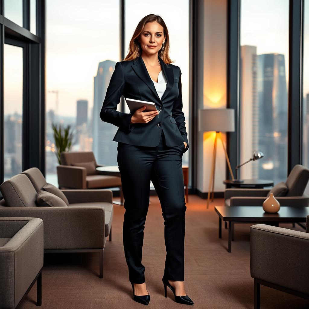 A full-length portrait of Marina Laswick dressed in a fitted three-piece men's business suit, featuring snug trousers that accentuate her hips, legs, and thighs after gaining 30 pounds