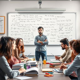 An educational scene depicting a highly knowledgeable and passionate chemical engineering student from Shahid Beheshti University, engaged in teaching specialized subjects such as chemistry, calculus, and mathematical analysis for university entrance exams