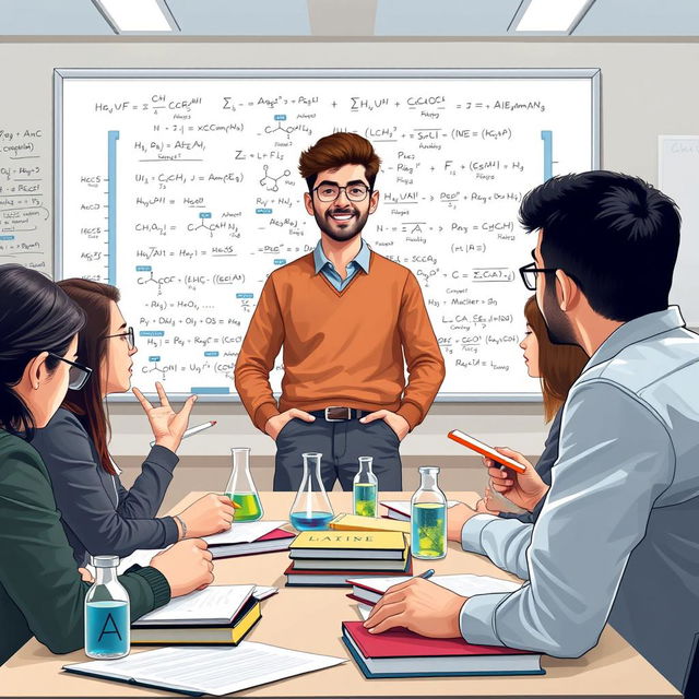 An educational scene depicting a highly knowledgeable and passionate chemical engineering student from Shahid Beheshti University, engaged in teaching specialized subjects such as chemistry, calculus, and mathematical analysis for university entrance exams