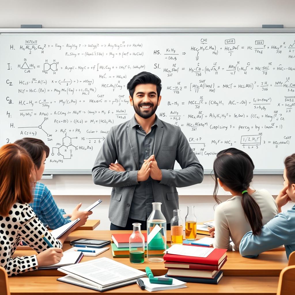 An educational scene depicting a highly knowledgeable and passionate chemical engineering student from Shahid Beheshti University, engaged in teaching specialized subjects such as chemistry, calculus, and mathematical analysis for university entrance exams