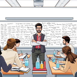 An educational scene depicting a highly knowledgeable and passionate chemical engineering student from Shahid Beheshti University, engaged in teaching specialized subjects such as chemistry, calculus, and mathematical analysis for university entrance exams