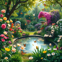 A vibrant and lush garden, filled with an array of colorful flowers such as roses, tulips, and daisies, interspersed with greenery and leafy plants