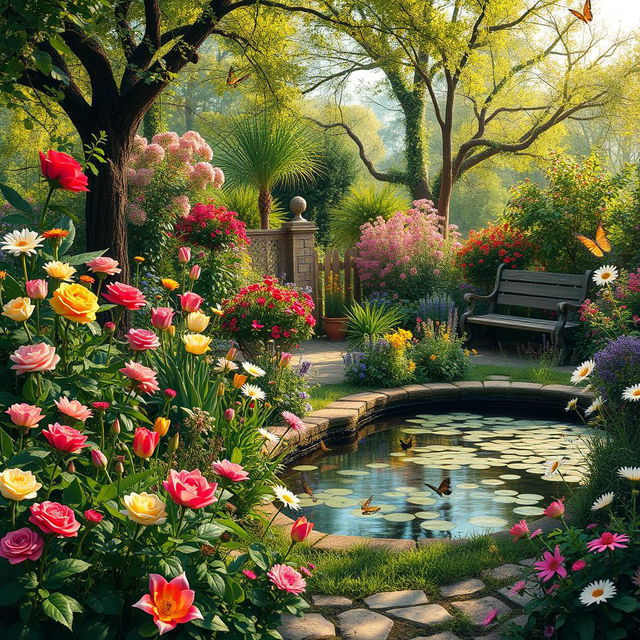 A vibrant and lush garden, filled with an array of colorful flowers such as roses, tulips, and daisies, interspersed with greenery and leafy plants