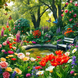 A vibrant and lush garden, filled with an array of colorful flowers such as roses, tulips, and daisies, interspersed with greenery and leafy plants