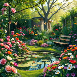 A vibrant and lush garden, filled with an array of colorful flowers such as roses, tulips, and daisies, interspersed with greenery and leafy plants