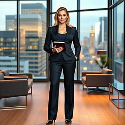 A full-length portrait of Marina Laswick wearing a fitted three-piece men's business suit, showcasing tailored trousers that accentuate her hips, legs, and thighs after gaining 40 pounds