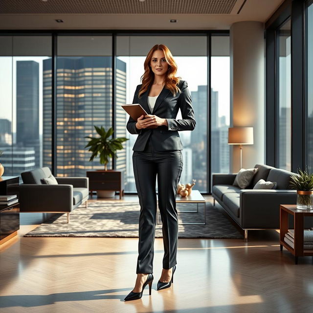 A full-length portrait of Marina Laswick wearing a fitted three-piece men's business suit, showcasing tailored trousers that accentuate her hips, legs, and thighs after gaining 40 pounds