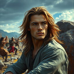 A strikingly handsome man with flowing long hair resting against a large rock, gazing into the distance