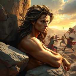 A strikingly handsome man with flowing long hair resting against a large rock, gazing into the distance