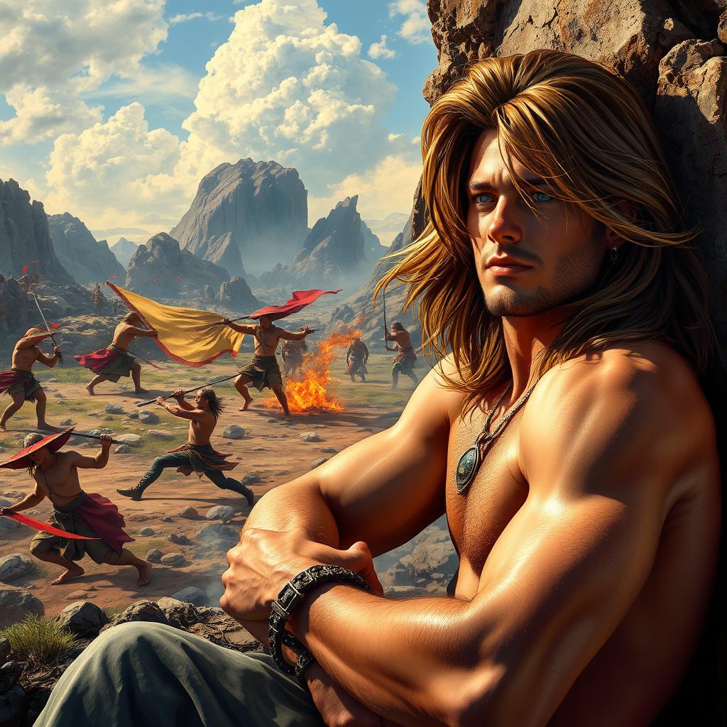 A strikingly handsome man with flowing long hair resting against a large rock, gazing into the distance