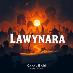 A visually complex and dramatic illustration of a village symbolizing fairness in law, featuring intriguing silhouettes of law symbols (like scales of justice, gavel, and books) cast as shadows throughout the village