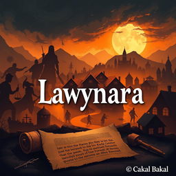 A visually complex and dramatic illustration of a village symbolizing fairness in law, featuring intriguing silhouettes of law symbols (like scales of justice, gavel, and books) cast as shadows throughout the village