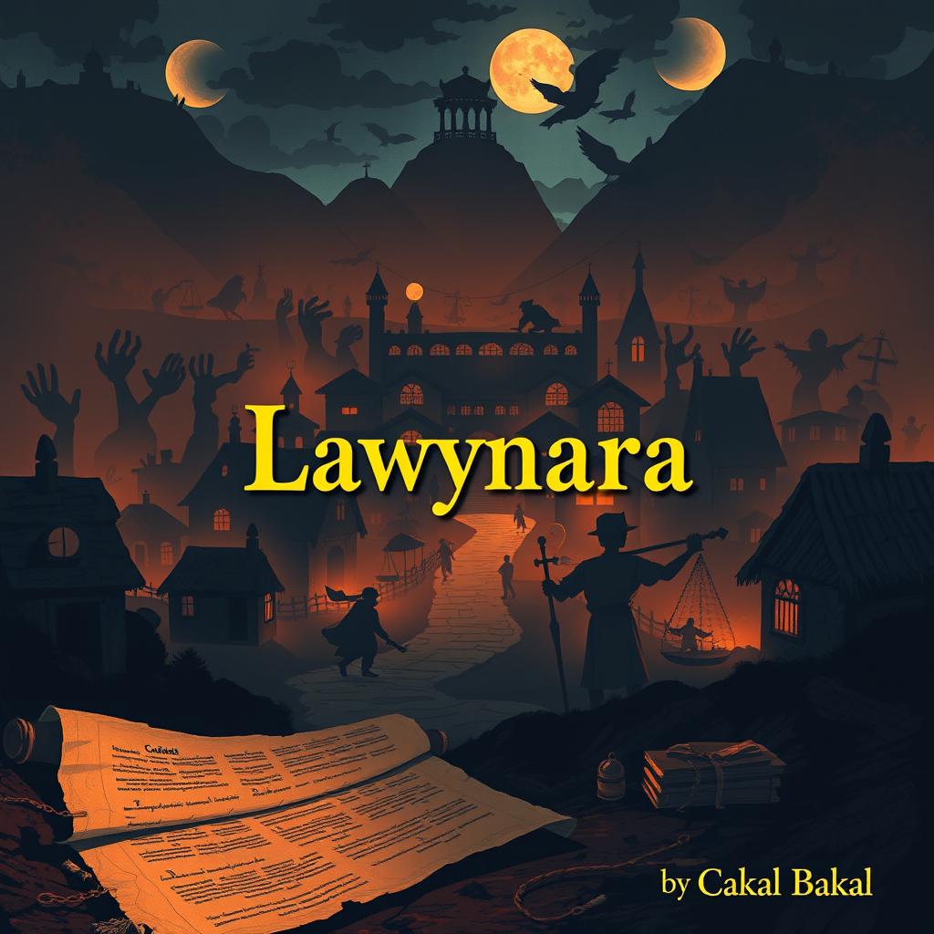 A visually complex and dramatic illustration of a village symbolizing fairness in law, featuring intriguing silhouettes of law symbols (like scales of justice, gavel, and books) cast as shadows throughout the village