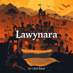 A visually complex and dramatic illustration of a village symbolizing fairness in law, featuring intriguing silhouettes of law symbols (like scales of justice, gavel, and books) cast as shadows throughout the village