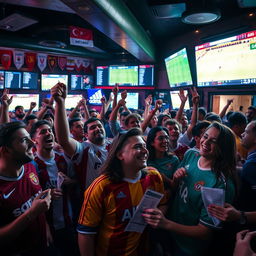 An intense football betting scene, capturing the electric atmosphere in a sports bar