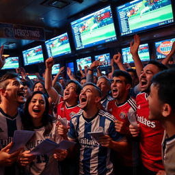 An intense football betting scene, capturing the electric atmosphere in a sports bar