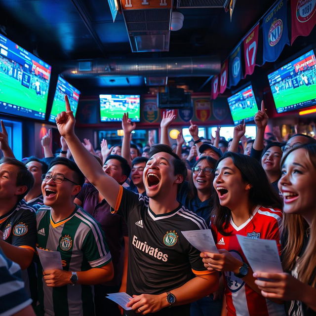 An intense football betting scene, capturing the electric atmosphere in a sports bar