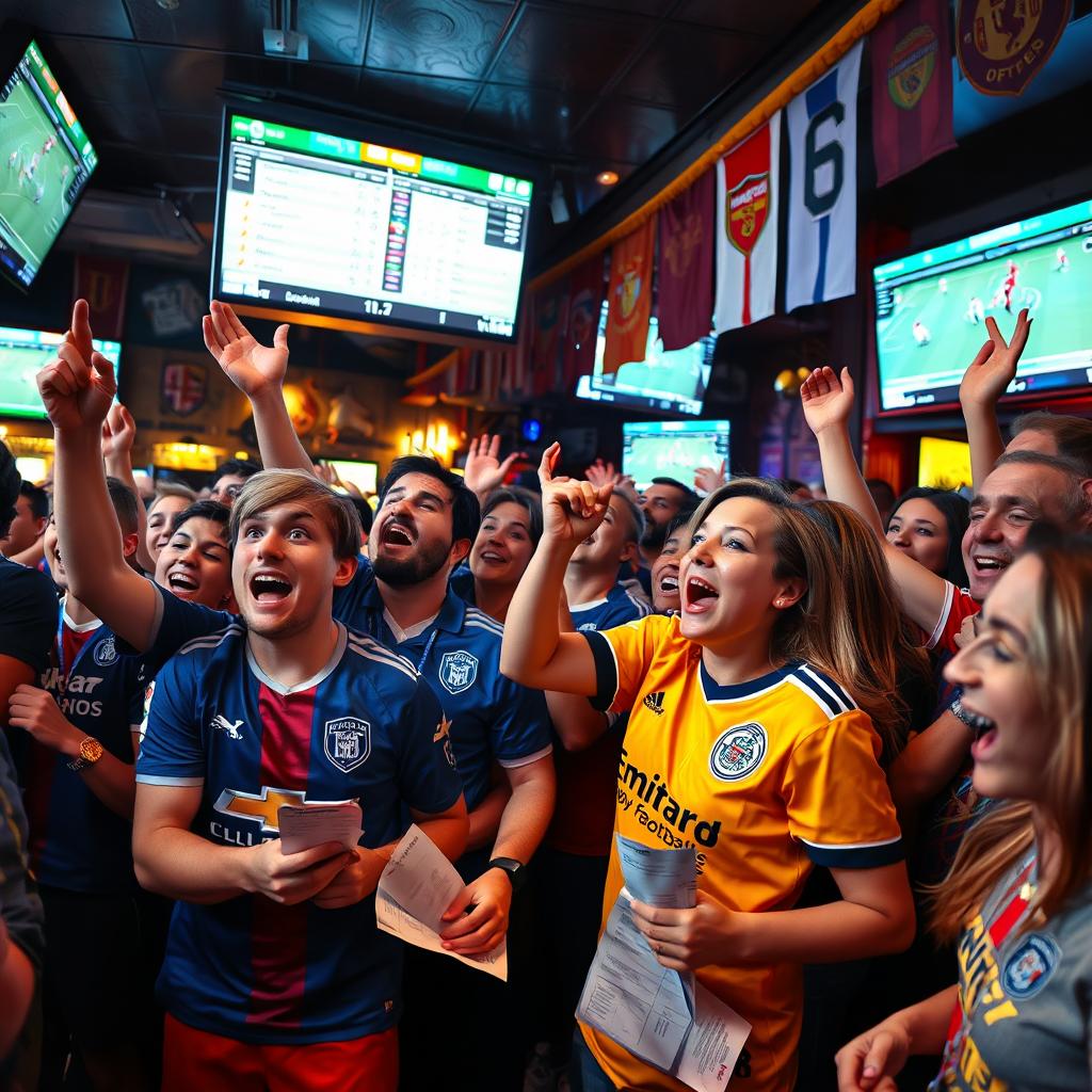 An intense football betting scene, capturing the electric atmosphere in a sports bar