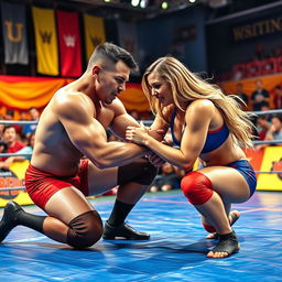A dynamic mixed wrestling scene taking place on a colorful wrestling mat