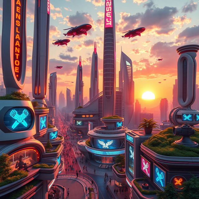 A stunning 3D animated image of a futuristic cityscape, featuring towering skyscrapers with neon lights, flying cars zipping through the sky, and lush greenery on rooftops