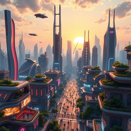 A stunning 3D animated image of a futuristic cityscape, featuring towering skyscrapers with neon lights, flying cars zipping through the sky, and lush greenery on rooftops