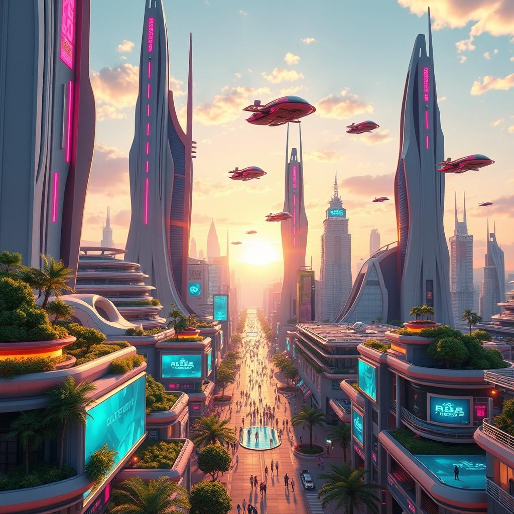 A stunning 3D animated image of a futuristic cityscape, featuring towering skyscrapers with neon lights, flying cars zipping through the sky, and lush greenery on rooftops