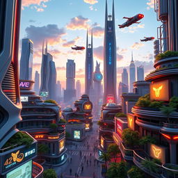 A stunning 3D animated image of a futuristic cityscape, featuring towering skyscrapers with neon lights, flying cars zipping through the sky, and lush greenery on rooftops