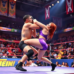 An exciting mixed wrestling match being held in a vibrant wrestling arena