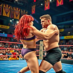 An exciting mixed wrestling match being held in a vibrant wrestling arena