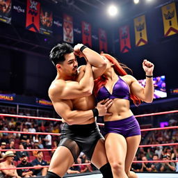 An exciting mixed wrestling match being held in a vibrant wrestling arena