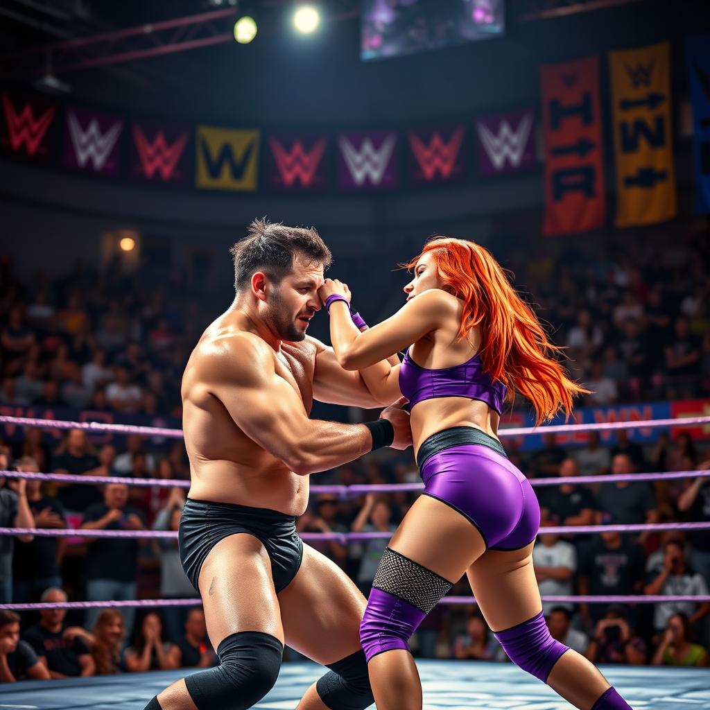 An exciting mixed wrestling match being held in a vibrant wrestling arena