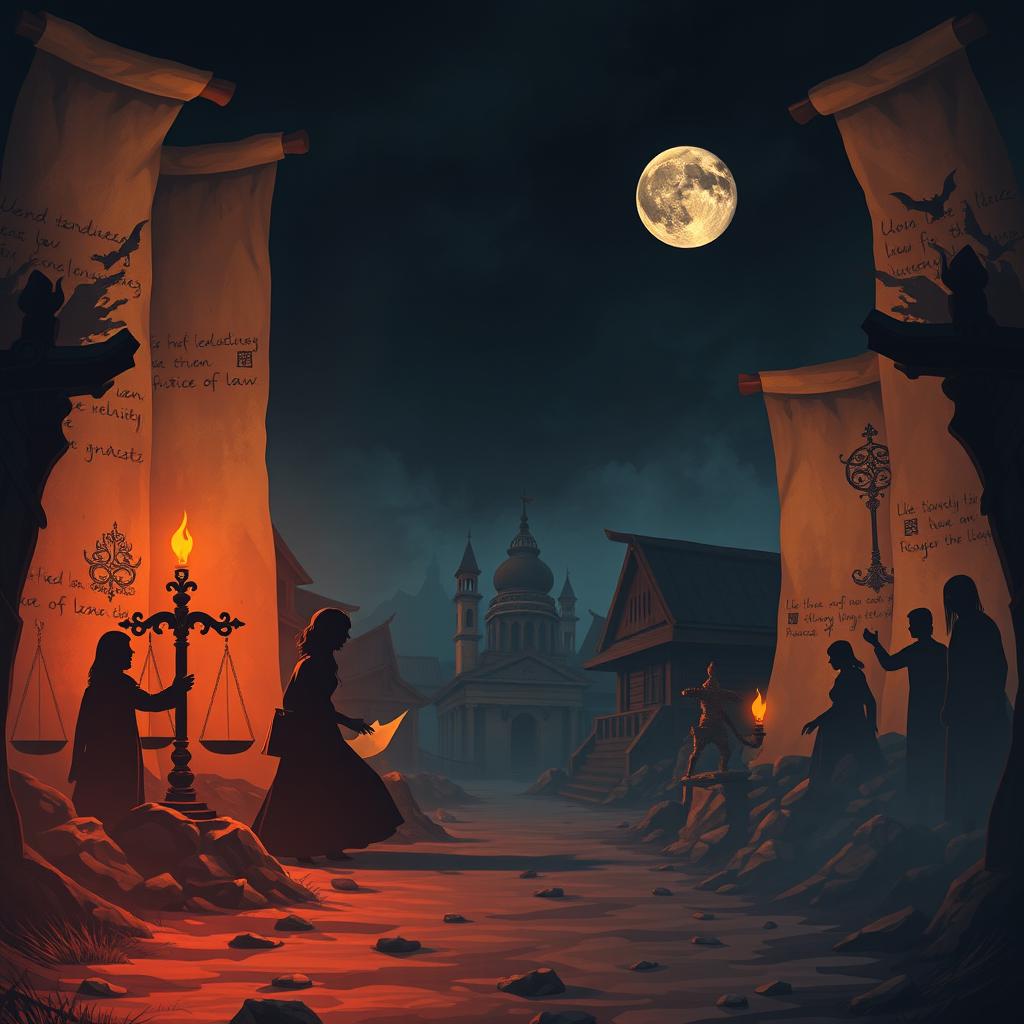 A complex visual representation of a village where the law operates fairly, showcasing a sense of searching and frightening nuances that depict the journey of seeking justice in the legal field