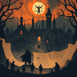 A complex visual representation of a village where the law operates fairly, showcasing a sense of searching and frightening nuances that depict the journey of seeking justice in the legal field